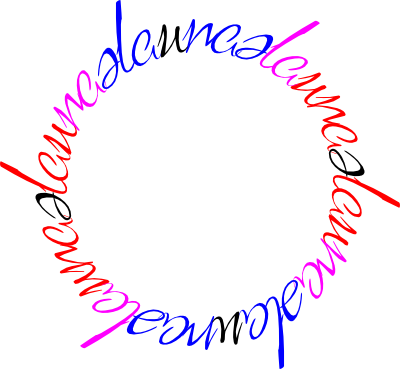 Rotational chain ambigram of "laura" and "neale", colored to show overlap