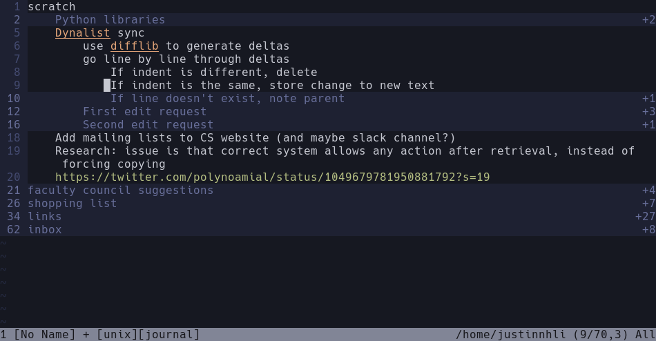 My notes in neovim, partially expanded several levels deep.